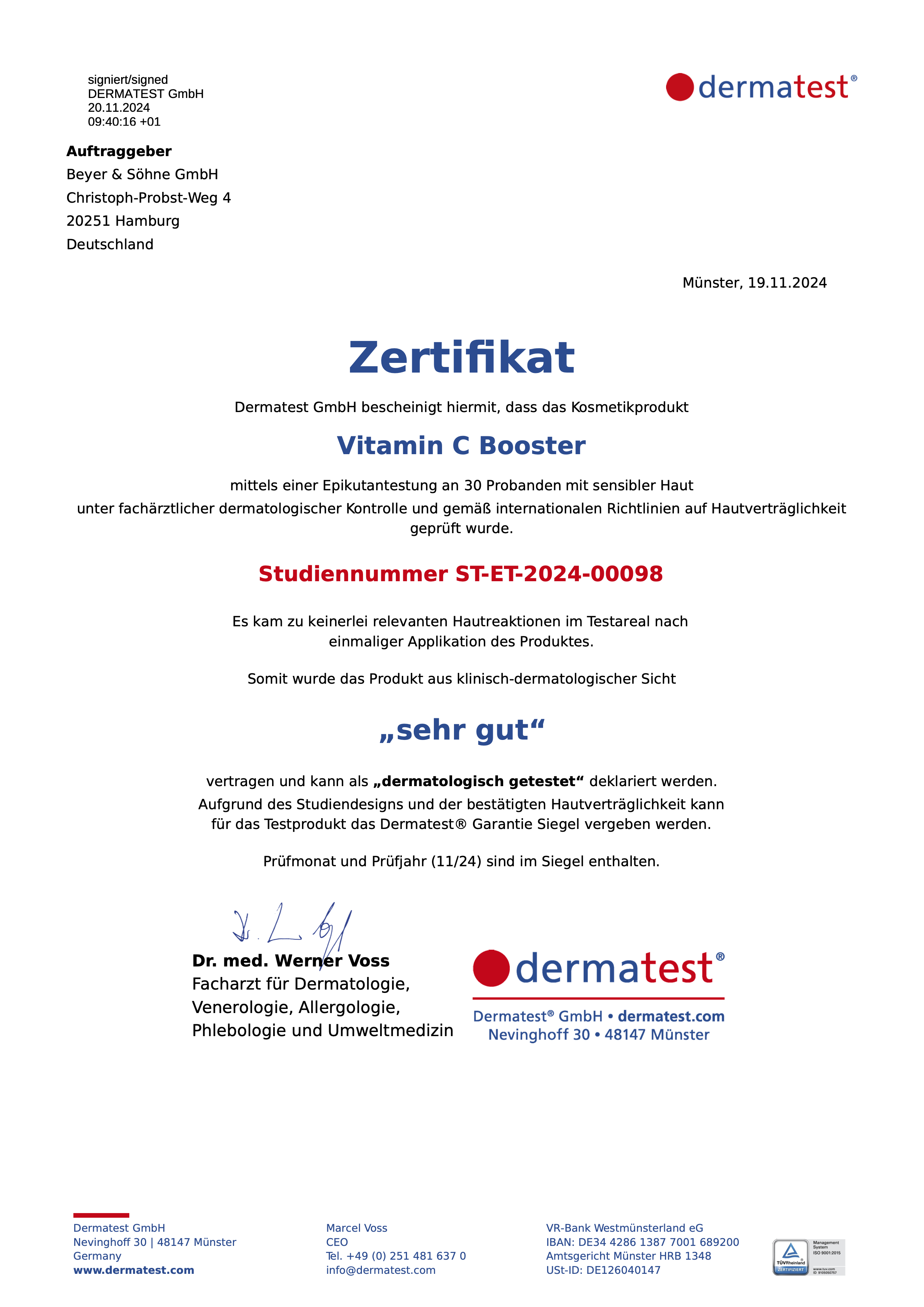 Zertifikat von Dermatest für den Vitamin C Booster. Er ist dermatologisch getestet und für empfindliche Haut geeignet.